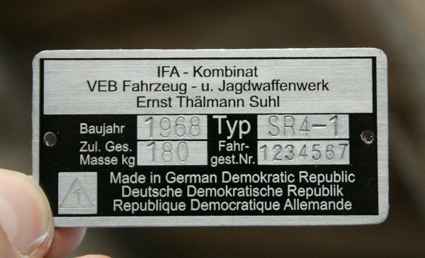 Typenschild für Simson SR4-1 Spatz IFA VEB Plaket Rohling beschriftet / gestanzt